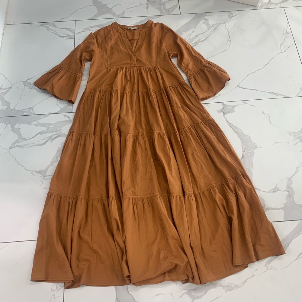 Devotion Twins Ella Maxi Dress Sz XS Fall Rust Brown Bell  Sleeve Flare V Neck